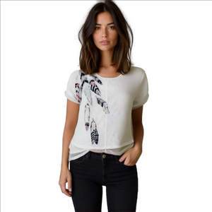 Ardene White Feather Print Boxy Short Sleeve T-Shirt